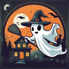 Wall Mural - ghost with a broom is flying over a house