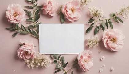 Wall Mural - white card with a pink flower on it