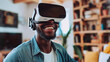 A man with facial hair is smiling while wearing virtual reality goggles, resembling sunglasses. The audio equipment on the headset enhances his vision care experience.
