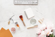 White working office table background with accessories