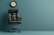 Abstract image of an empty office chair with a clock showing long hours, symbolizing the absence physical activity and sedentary nature desk jobs, against a neutral office copyspace background