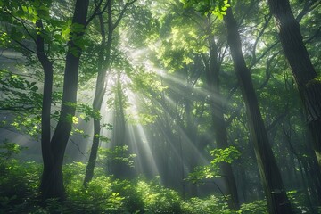 Wall Mural - enchanting light rays filtering through forest canopy scenic nature landscape photography