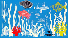 Hand Drawn Design Underwater World, Ocean, Sea, Fish And Shells Illustration. Modern Trendy Matisse Minimal Style. 