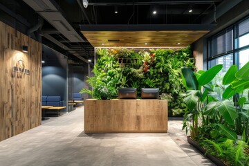 Wall Mural - Interior of green office with many different plants and vertical gardens, concept of eco friendship with business