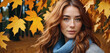 A redhead woman in a beautiful autumn scenery with falling leaves