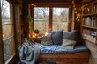 Cozy reading nook with soft blankets and cushions, providing a peaceful space for stress relief