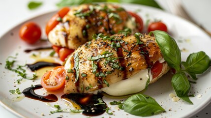 Studio-lit Caprese Stuffed Chicken, highlighting gooey mozzarella, fresh tomatoes, and basil, golden brown finish, drizzled with balsamic, on white backdrop