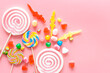 Food pattern with candies and lollipop. Sweet food and candies background