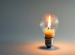 A photorealistic light bulb with a lit candle inside, vertically standing on a table. Concept of hope, inspiration, brainstorming, inefficient resource utilization, Earth Hour.