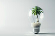 Photorealistic palm tree on a sandy beach inside a lightbulb standing vertically on a table. Travel idea, time for vacation, uninhabited island, travel agency concept. White background with copy space