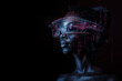 Black woman in vr glasses with schemes around on the dark background with copy cpace. Virtual reality, artificial intelligence concept.
