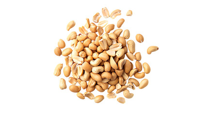 A pile of roasted peanuts on a white background.