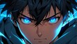 bright blue fierce glowing eyes guy anime cartoon close-up from Generative AI