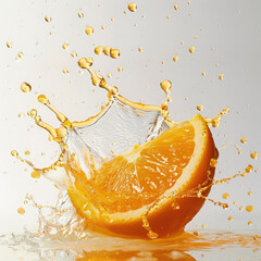 Wall Mural - A single orange slice splashing into water, creating a beautiful crown of liquid.