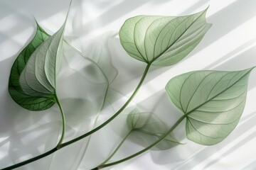 Wall Mural - A close up of three leaves with a white background. The leaves are green and appear to be floating on the water. Concept of calmness and serenity