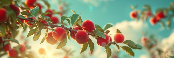 Peach tree ripe peaches ready for picking against the blue sky and bright sun panorama wide view