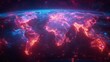 A digital painting of the Earth from space, showing the continents and major cities. The Earth is glowing with a blue and purple light, and the cities are glowing with a red light.