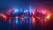 Cityscape of New York City with blue and red lights reflecting off the water at night.