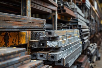 Wall Mural - stacks of various steel and other metal construction beams in a warehouse