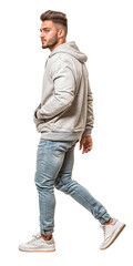 Wall Mural - Isolated walking handsome young man wearing tight blue jeans and grey hooded sweatshirt, png,cutout on transparent background, ready for architectural visualisation