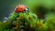 A red ladybug with water droplets on its back is perched atop a green mossy surface.
