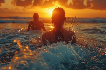 Wall Mural - A woman swims in the ocean, her hair wet with droplets, as a golden sunset creates a tranquil ambiance around her