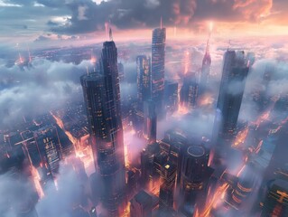 Wall Mural - A cityscape with a cloudy sky and a few buildings lit up at night. Scene is somewhat eerie and mysterious, as the city appears to be shrouded in fog and the lights seem to be flickering