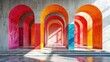 A mesmerizing corridor with red to blue arches casting beautiful shadows, symbolizing a vibrant journey