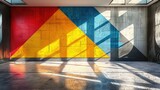 Fototapeta Na drzwi - Sunlight filters into a grunge urban room with triangular color blocks on walls, offering a sense of modern art