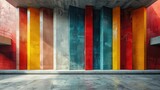 Fototapeta Na drzwi - An array of vertical stripes in red to blue hues on a wall evoke a sense of organized chaos and vibrancy