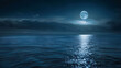 a serene ocean scene with a full moon shining over calm blue waters, reflecting the dark blue sky a