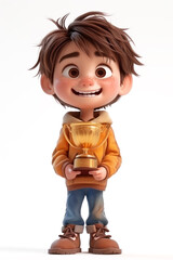 Sticker - Cute Cartoon Boy with Golden Award Trophy in His Hands extreme closeup. Generative AI