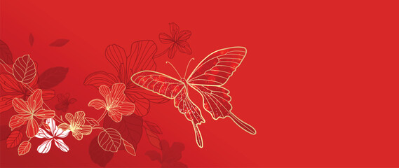 Wall Mural - Happy Chinese new year background vector. Luxury wallpaper design with chinese flower, butterfly on red background. Modern luxury oriental illustration for cover, banner, website, decor.