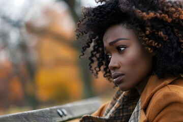 Wall Mural - portrait of young sad woman sitting on a bench in a park