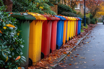 Poster - Row of Colorful Trash Containers on the Street extreme closeup. Generative AI