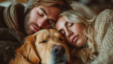Fototapeta Boho - A Man and a Woman Sleep Together with Their Dog extreme closeup. Generative AI