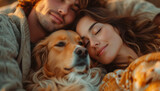 Fototapeta Boho - A Man and a Woman Sleep Together with Their Dog extreme closeup. Generative AI