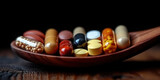Fototapeta Boho - Wooden Spoon with Different Kinds of Pills and Herbal Vitamins extreme closeup. Generative AI
