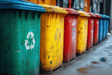 Poster - Row of Colorful Trash Containers on the Street extreme closeup. Generative AI