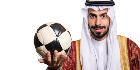 Dynamic image of a young Arab male with a football, showcasing his athleticism and love for the game.