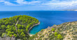 AERIAL: Secluded cove with turquoise waters, surrounded by a dense pine forest.