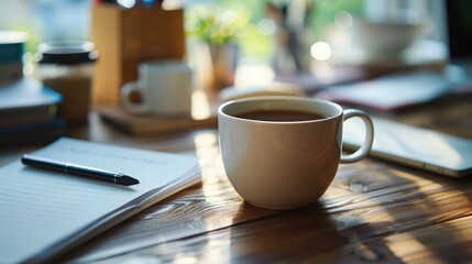 Close-up of a coffee cup on a wooden desk, surrounded by office supplies, symbolizing the perfect start to a productive day.