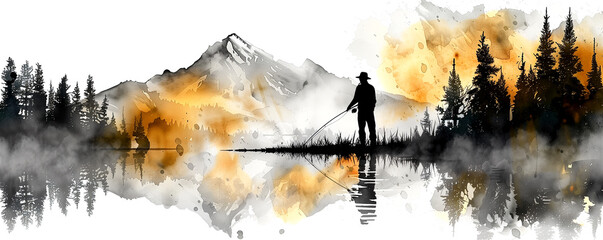 A man is fishing in a lake with mountains in the background