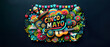 Explosive and colorful Cinco de Mayo design featuring guitars, flowers, and papel picado, perfect for festive flyers with copy space