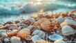 Close-up of seashells piled up on the beach, inviting beachcombers to marvel at the treasures of the summer seashore.