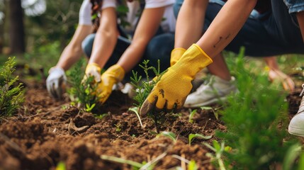 group of eco-tourists planting trees in a reforestation project, contributing to conservation and carbon offset initiatives.