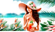 A woman in a summer sunhat drinks juice from a straw against the backdrop of the sea, tropical plants. Summer holidays with healthy cooling drinks in an exotically country. Vacation, trip