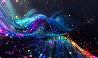 Wall Mural - abstract flowing fluid light particles colorful spectrum smooth curve on black background in concept