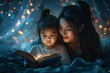 A caring mother shares a bedtime story with her young child, surrounded by soft lighting and comfort