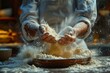 Close-up of baker's hands working with flour and dough in a wooden bowl with a burst of flour in motion, showcasing the art of baking